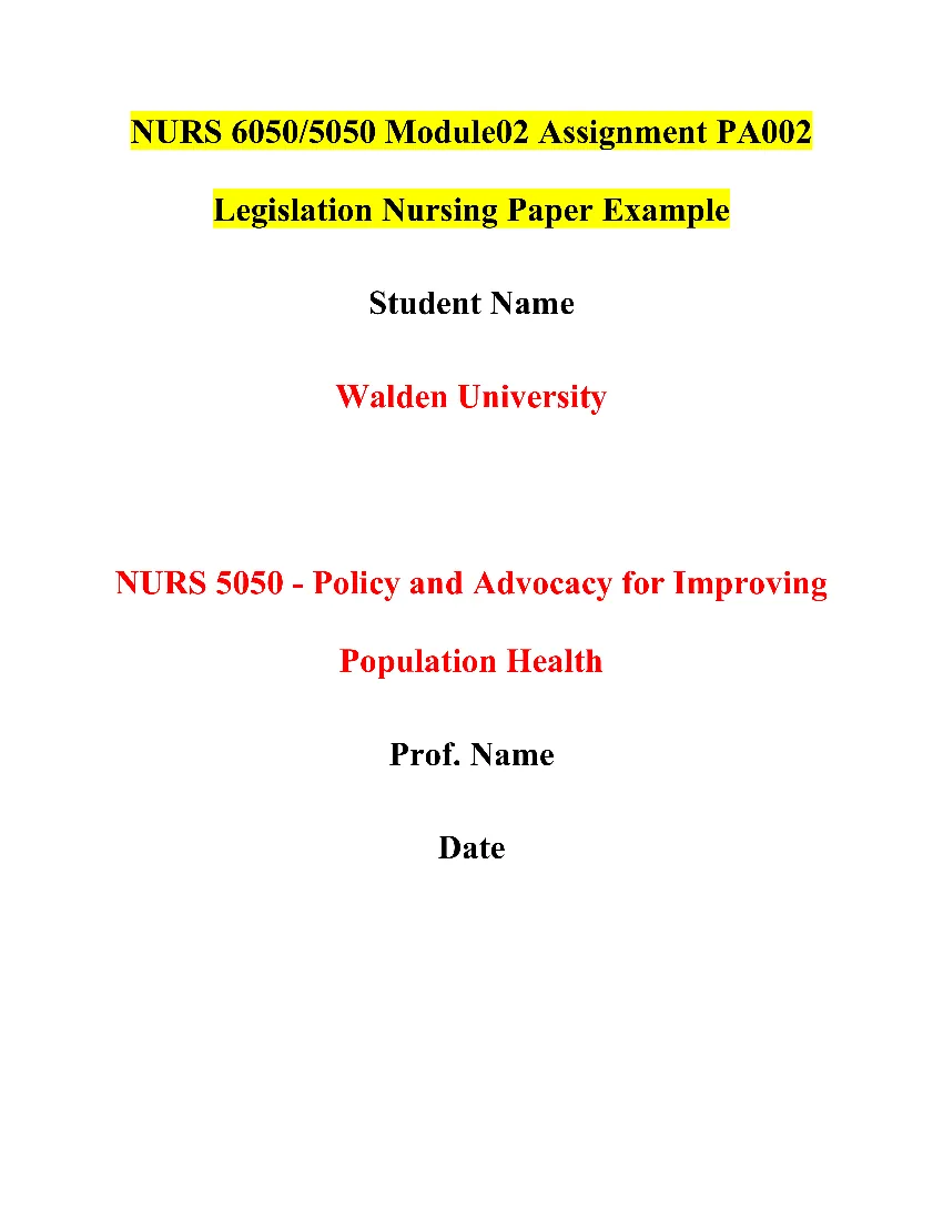 NURS 6050/5050 Module02 Assignment PA002 Legislation Nursing Paper Example