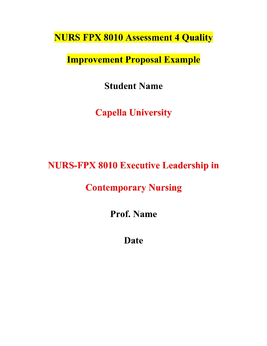 NURS FPX 8010 Assessment 4 Quality Improvement Proposal