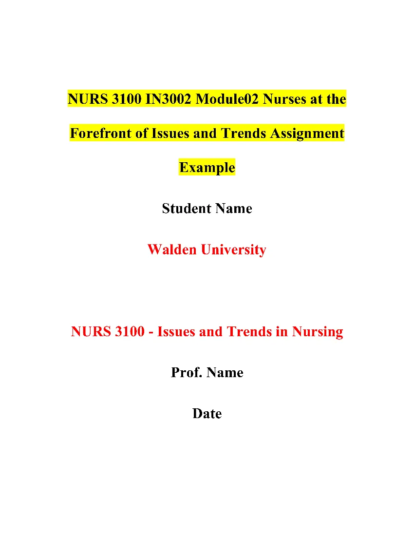 NURS 3100 IN3002 Module02 Nurses at the Forefront of Issues and Trends Assignment