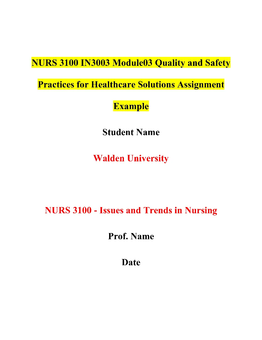 NURS 3100 IN3003 Module03 Quality and Safety Practices for Healthcare Solutions Assignment