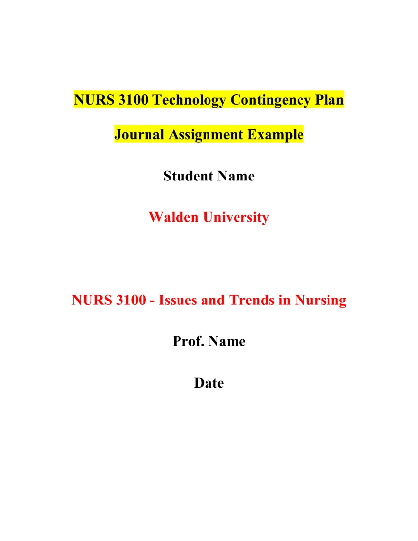 NURS 3100 Technology Contingency Plan Journal Assignment