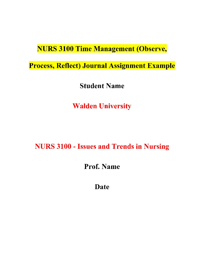 NURS 3100 Time Management (Observe, Process, Reflect) Journal Assignment