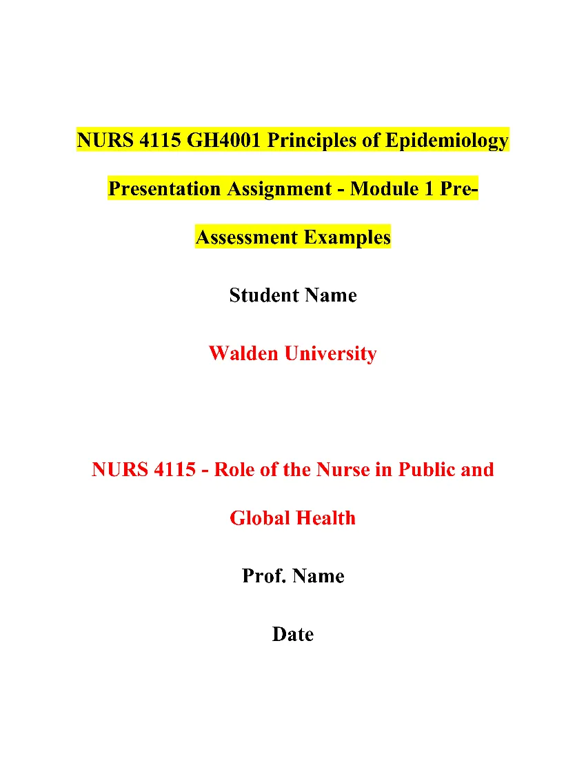  NURS 4115 GH4001 Principles of Epidemiology Presentation Assignment - Module 1 Pre-Assessment