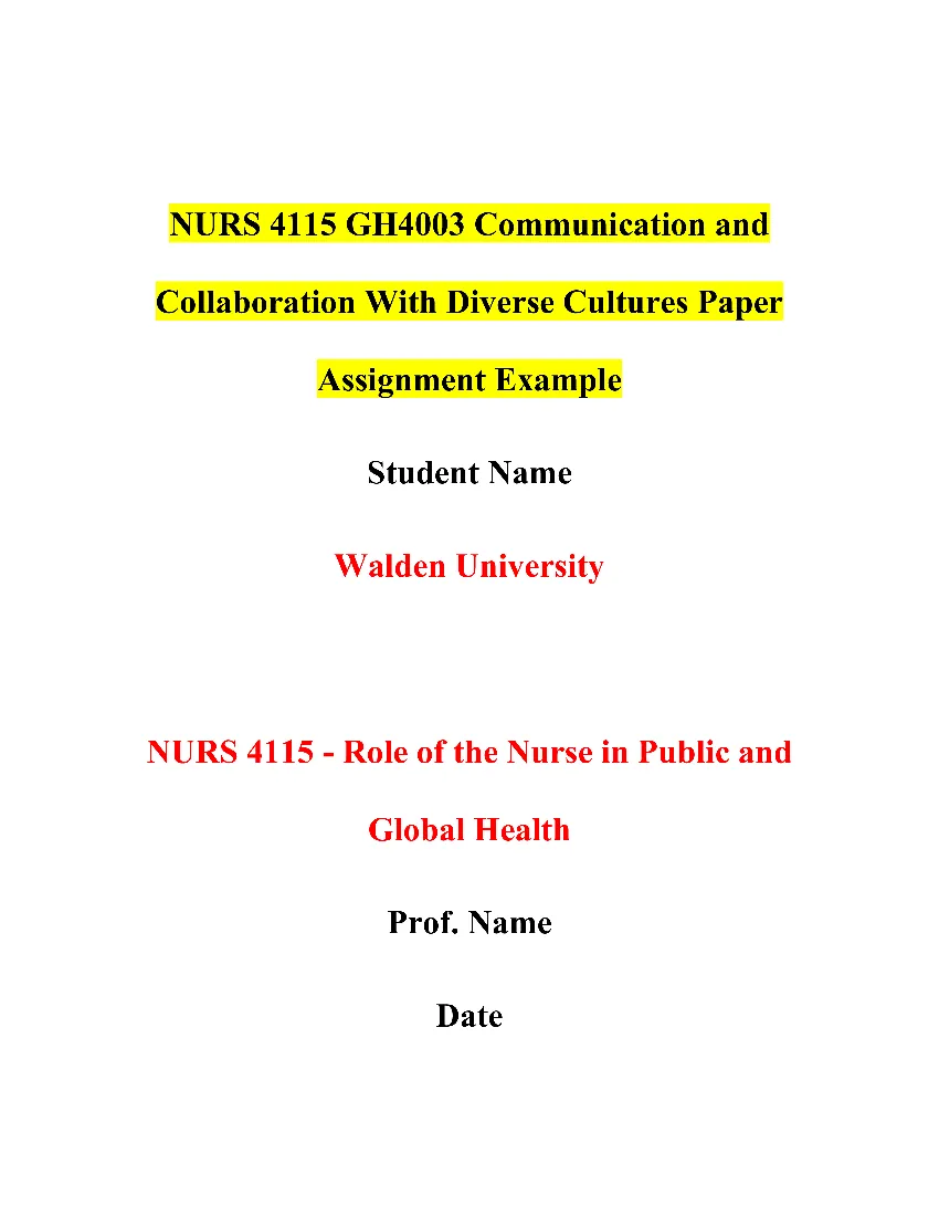 NURS 4115 GH4003 Communication and Collaboration With Diverse Cultures Paper Assignment