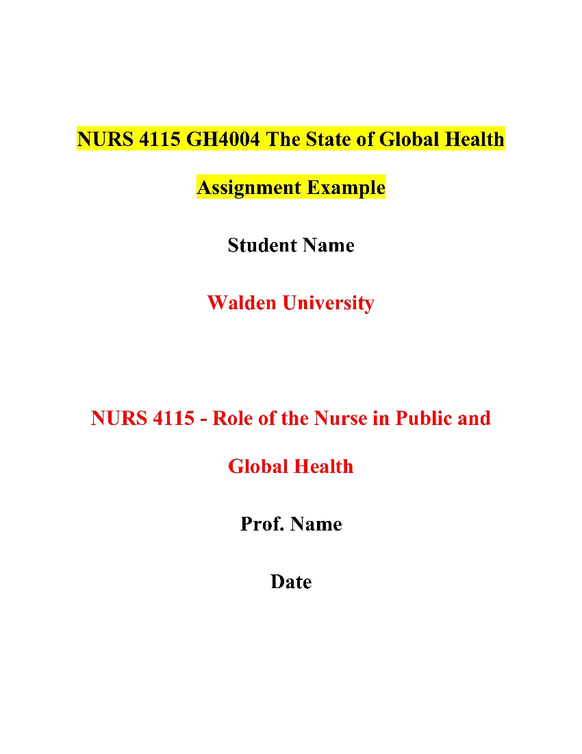 NURS 4115 GH4004 The State of Global Health Assignment