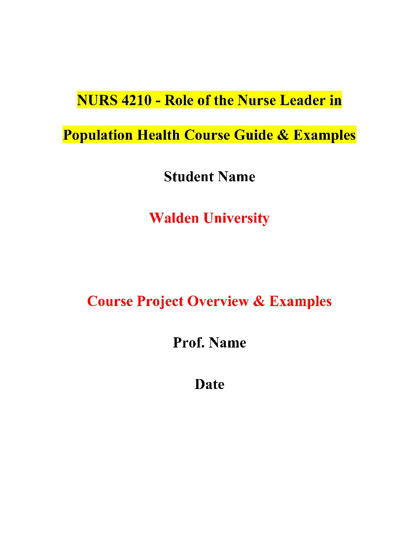 NURS 4210 - Role of the Nurse Leader in Population Health Course Guide & Examples